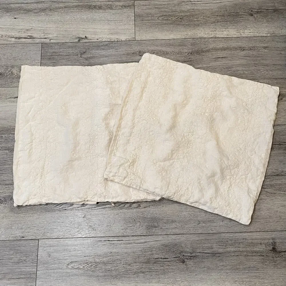 Bella Notte Two Euro Shams Ines Linen With Knife Edge Lace Embroidered Tie Backs